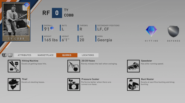 diamond dynasty ty cobb quirks