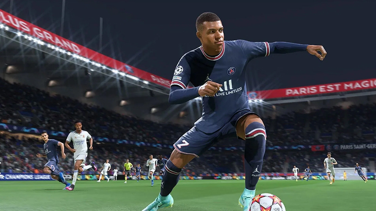 Kylian Mbappe dribbling the ball in the Parc de Princes.