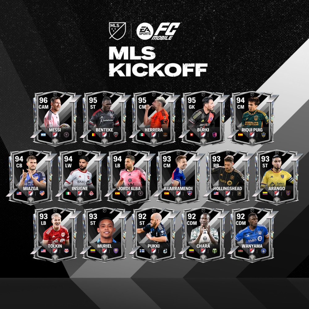 MLS Kick Off cards, including Messi, Benteke, Herrera, Burki, and Puig. 